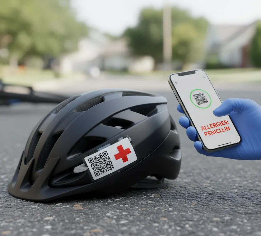 Emergency QR code on helmet